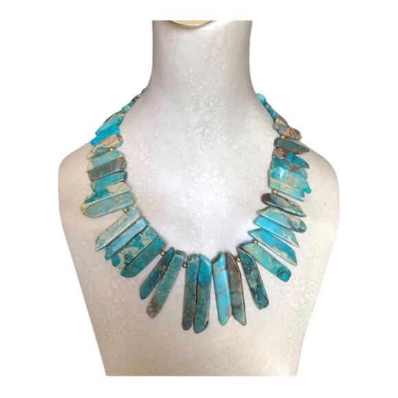 Handmade Natural Blue Ocean Stone Side Drilled Slab Beads Gold Beads Necklace - Picture 3 of 11